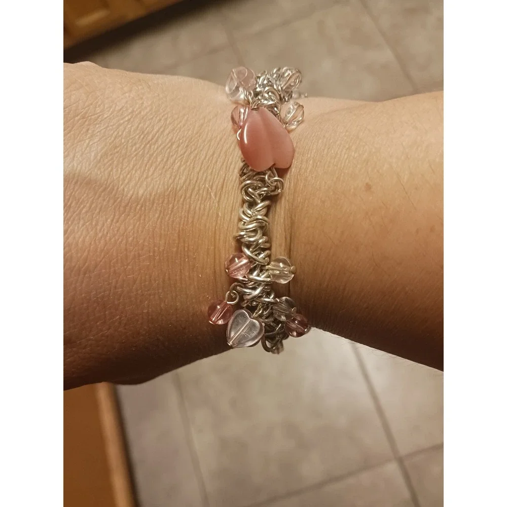 Silvertone Pink Heart Glass Bead Chunky Chain Link Stretch Bracelet Y2K Coquette